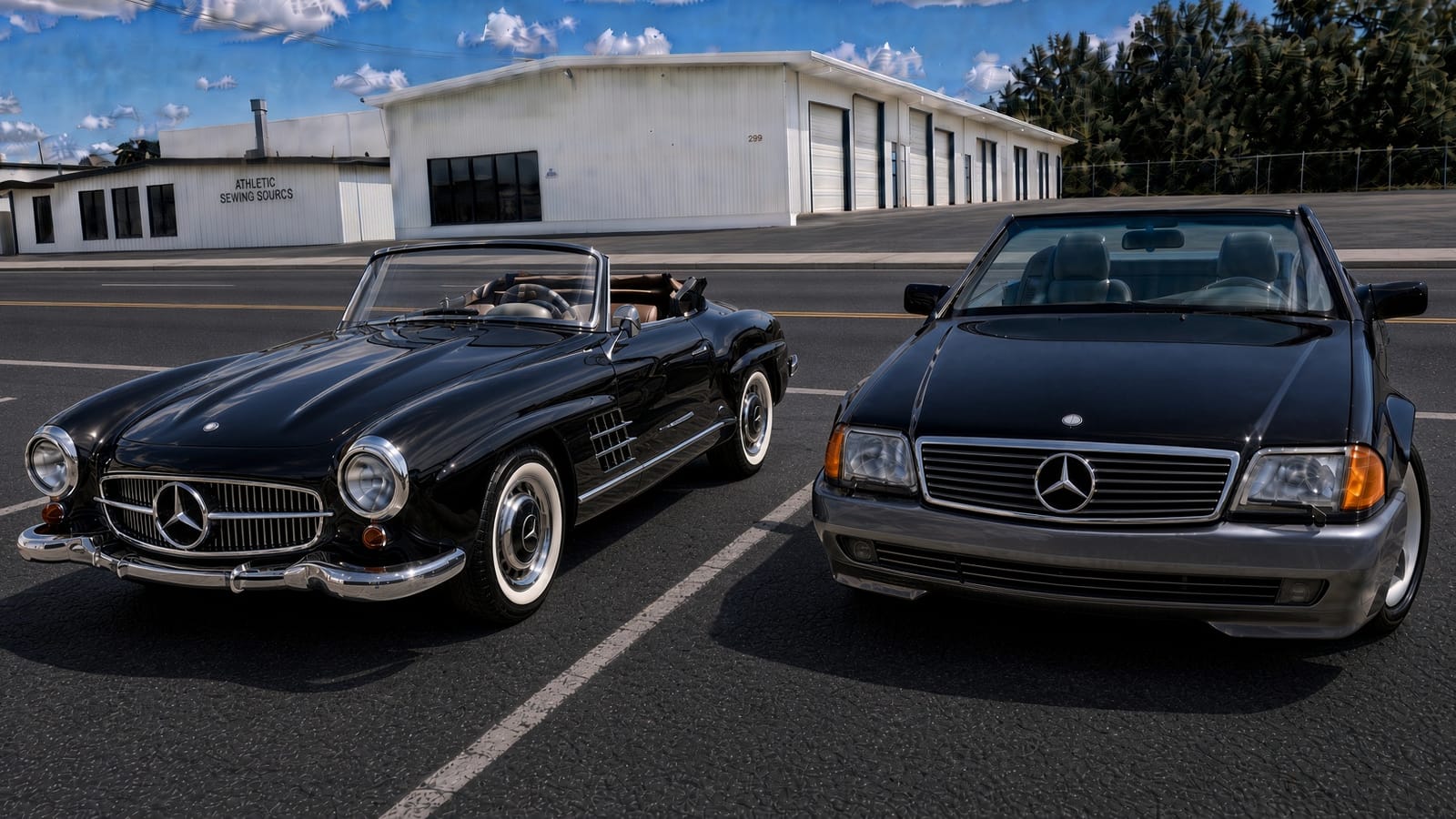 A classic black Mercedes-Benz 300SL-style roadster and a 1990s Mercedes-Benz SL parked side by side on a sunny lot